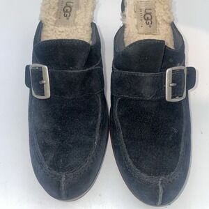 Ugg Isabella Mules Slides Womens 8 Black Suede Leather Buckle Moc Toe Cone Heel‎